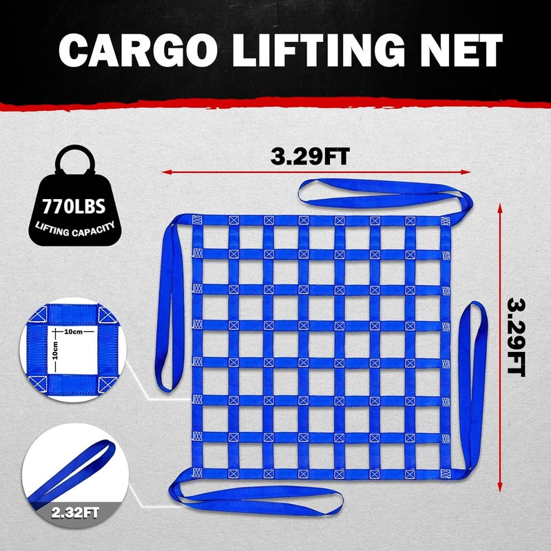 FITHOIST Cargo Lifting Net 770LBS, 3.28'x3.28' Safety Straps for Hoist 10cm Square Mesh, Sling Hoisting Net, Heavy Duty for Construction Moving Loading Unloading (Blue) - Image 3